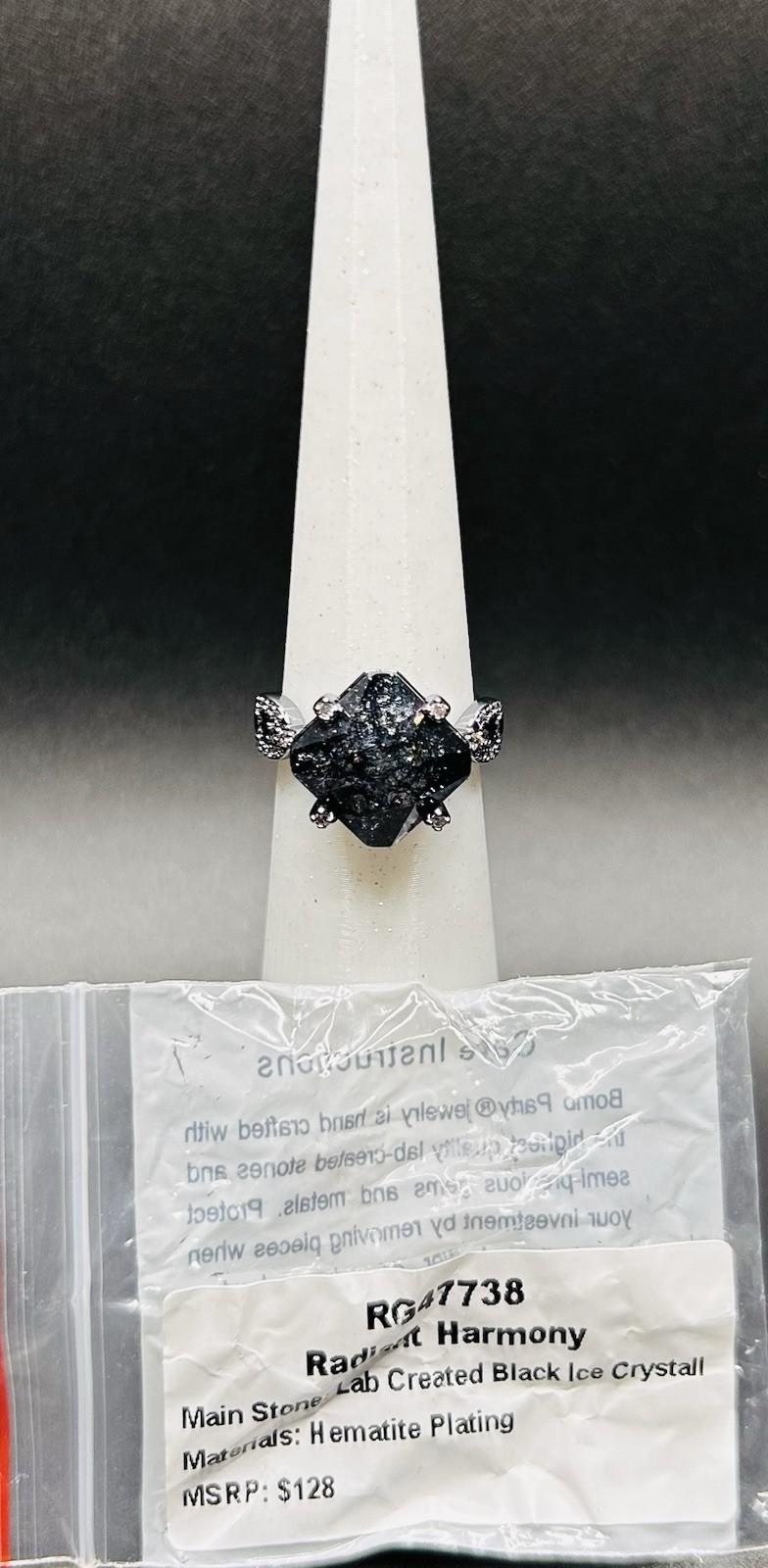 Bomb Party Ring Sz 7 “Radiant Harmony” LC Black Ice Crystal on Hematite Plating