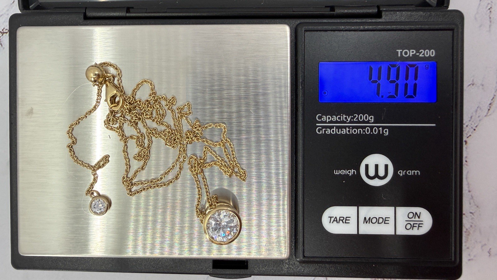 Diamonique CZ 2ct DE Bezel Pendant 14K Gold Clad Sterling 25” Adjustable Chain
