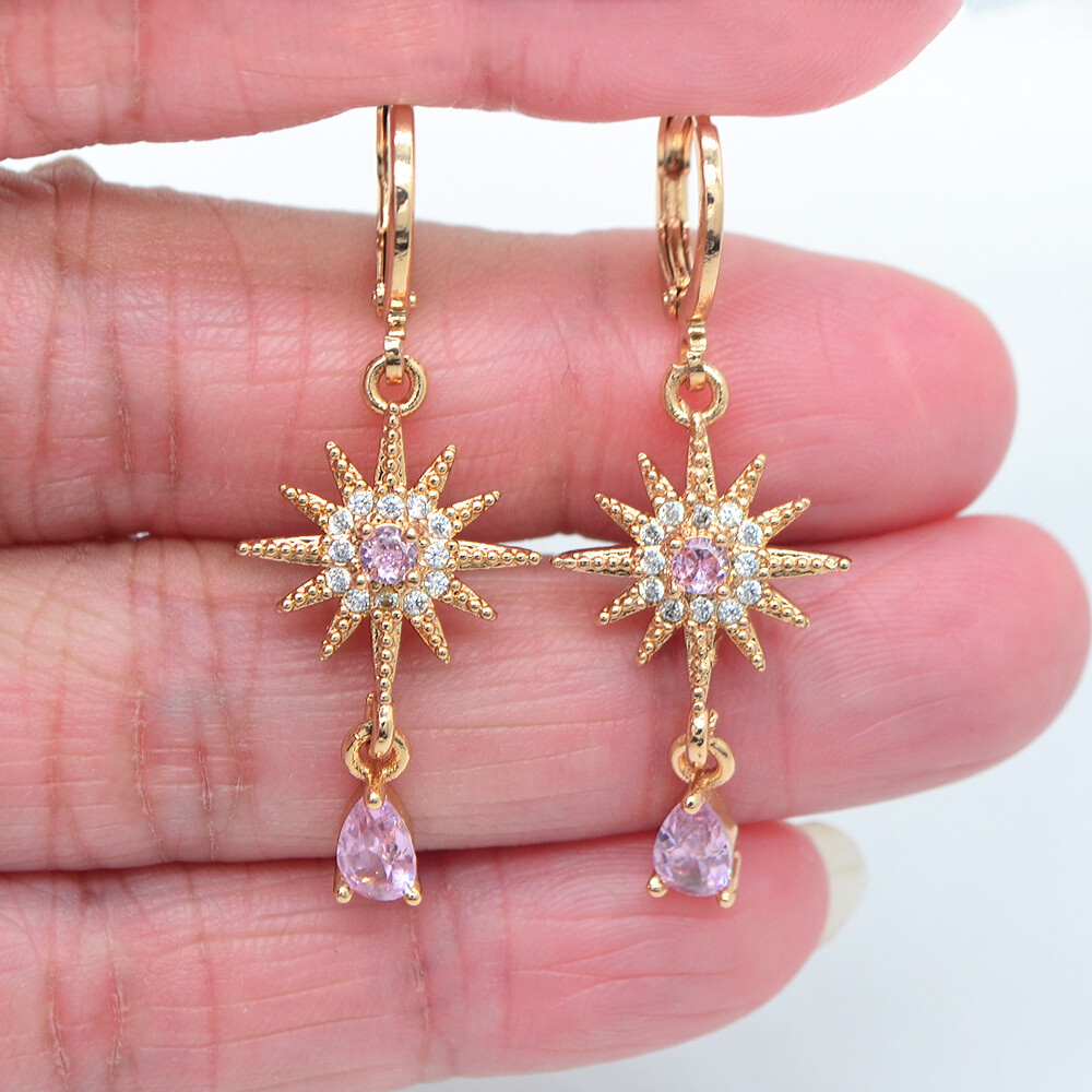 18K Yellow Gold Filled Women Fashion Lake Blue Topaz Star Dangle Earrings