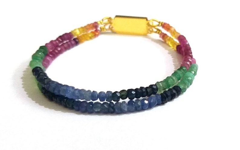 Dainty 2 Strand Multi Sapphire Faceted Rondelle Gemstone Beaded Bracelets 6-8”