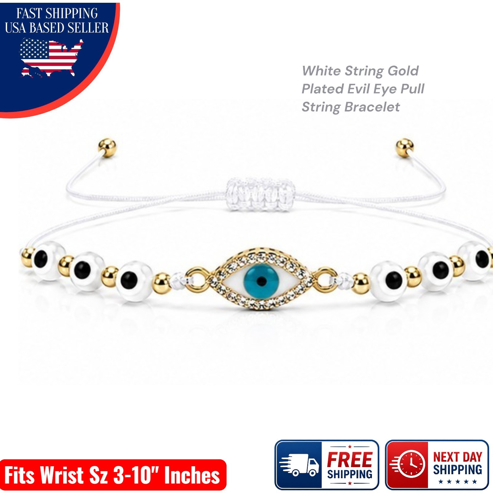 Evil Eye Protection Bracelet Kids Adults White Nazar Bead Adjustable Gold Tone