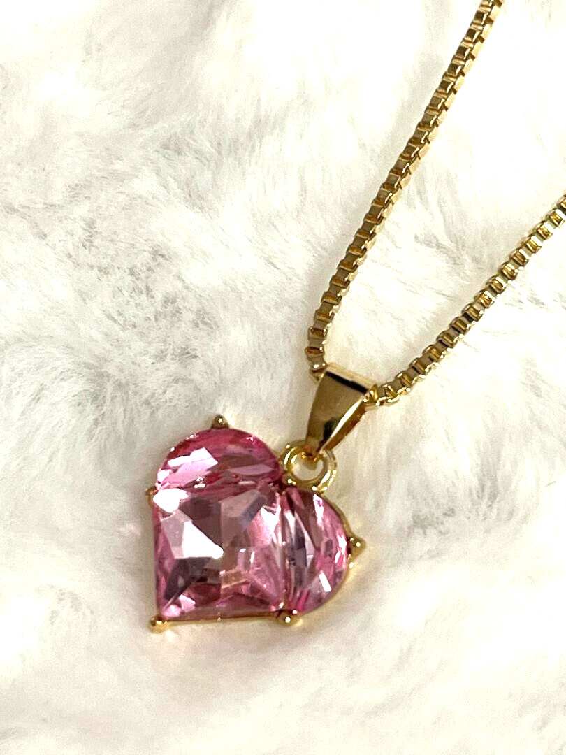 BEAUTIFUL NEW GOLD TONE PINK CUBIC ZIRCONIA HEART PENDANT NECKLACE 20″ CHAIN