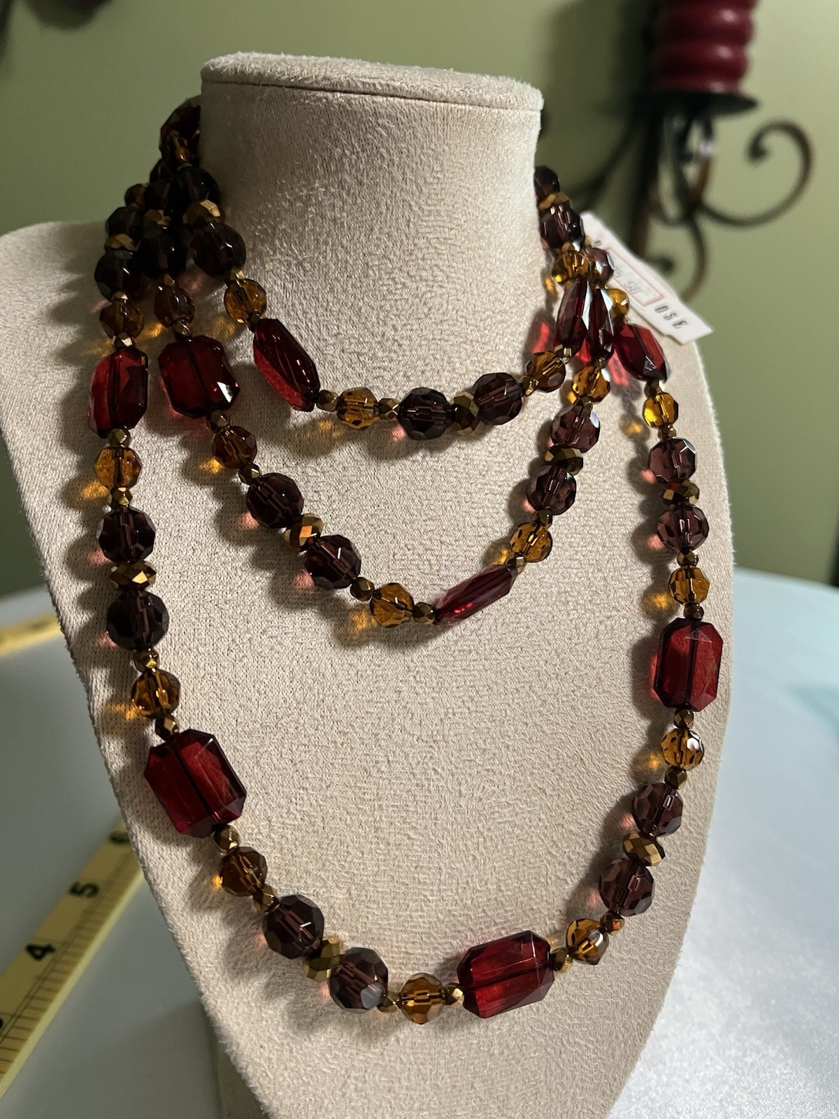 Multi Strand Statement Necklace Autumn Burgundy Amber Faceted Beaded 3 Tier NWT