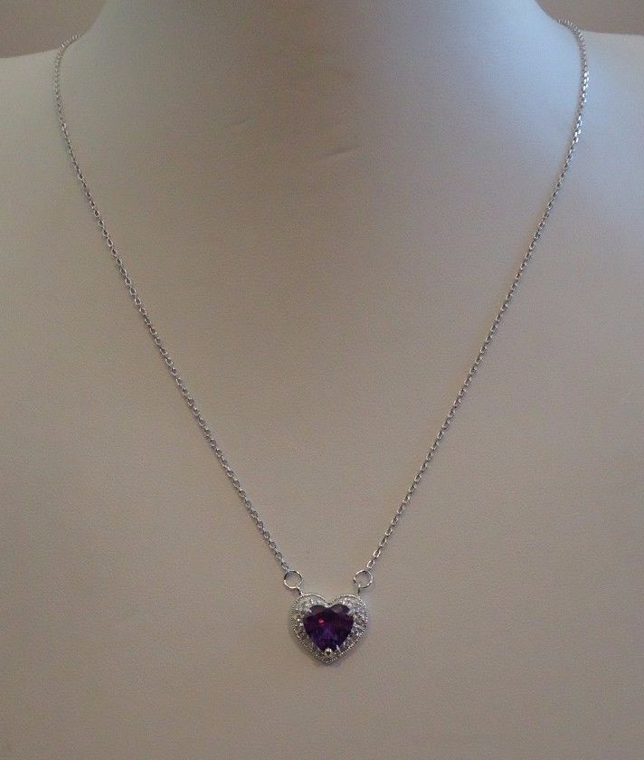 HEART NECKLACE PENDANT W/ LAB DIAMONDS & AMETHYST / 925 STERLING SILVER /18”