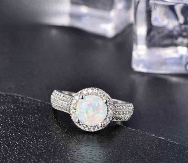 Elegant White Fire Opal CZ Halo Ring Size 10
