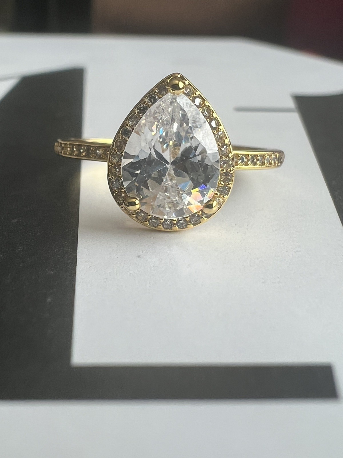 14k Yellow Gold Plated S925 Silver Pear Shaped Large Cz Ring Size 7