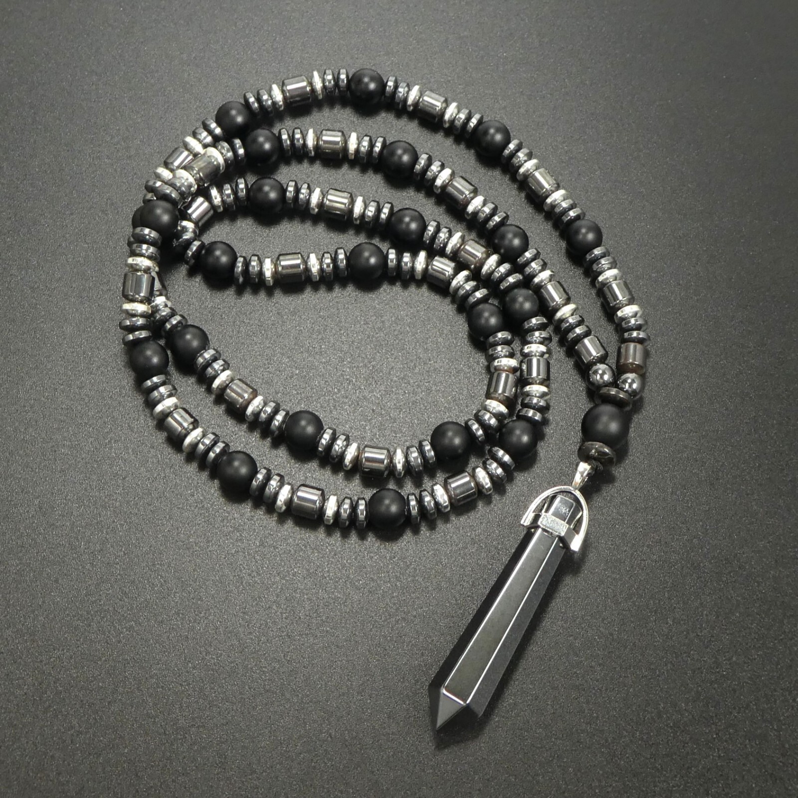 Matte Black Onyx Pointed Hematite Crystal Pendant 29″ Long Necklace Man Gift