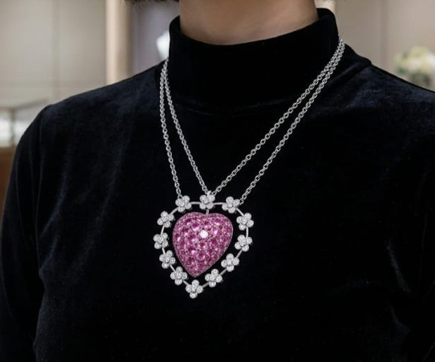 2ct Heart Cut Simulated Pink Ruby/Diamond Halo Heart Pendant14k Rose Gold Plated