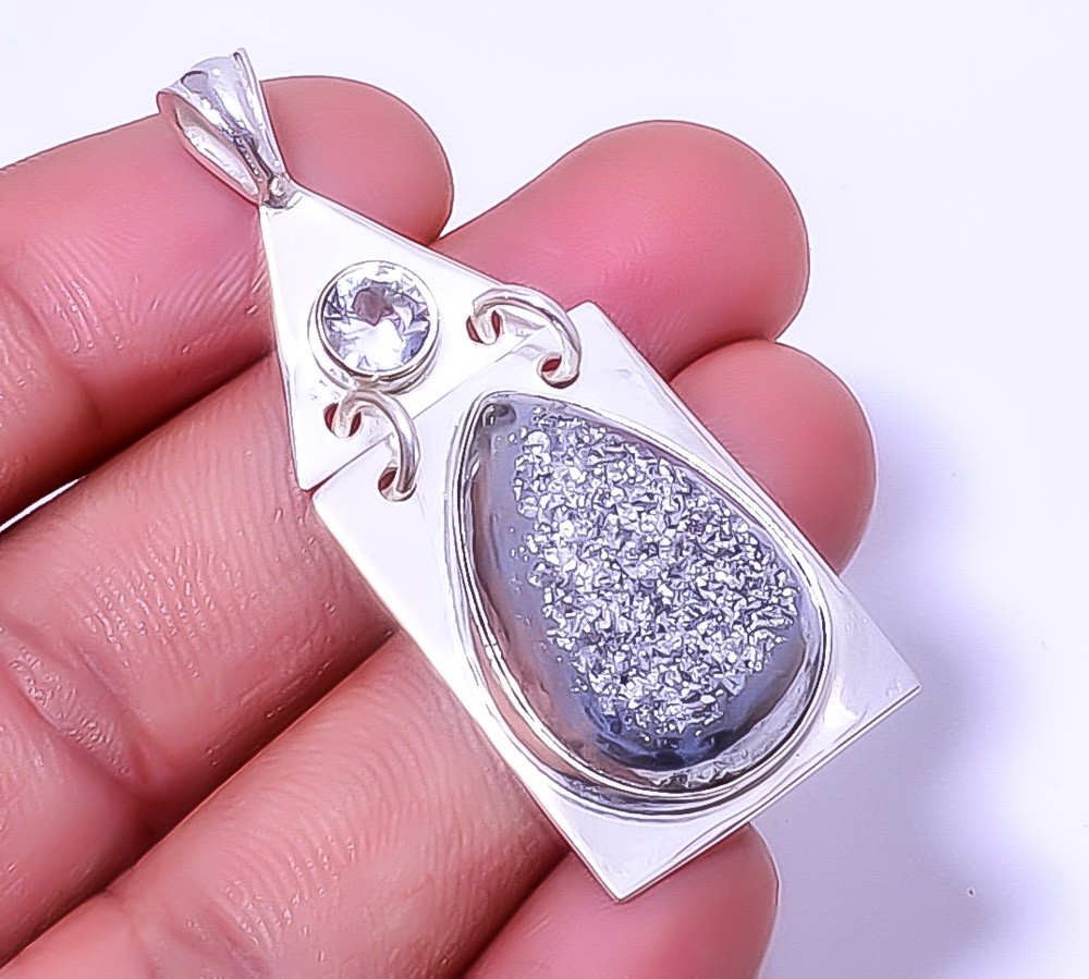 Titanium Carbon Agate Drusy 925 Silver Plated Designer Pendant 2.15″ P7611-33