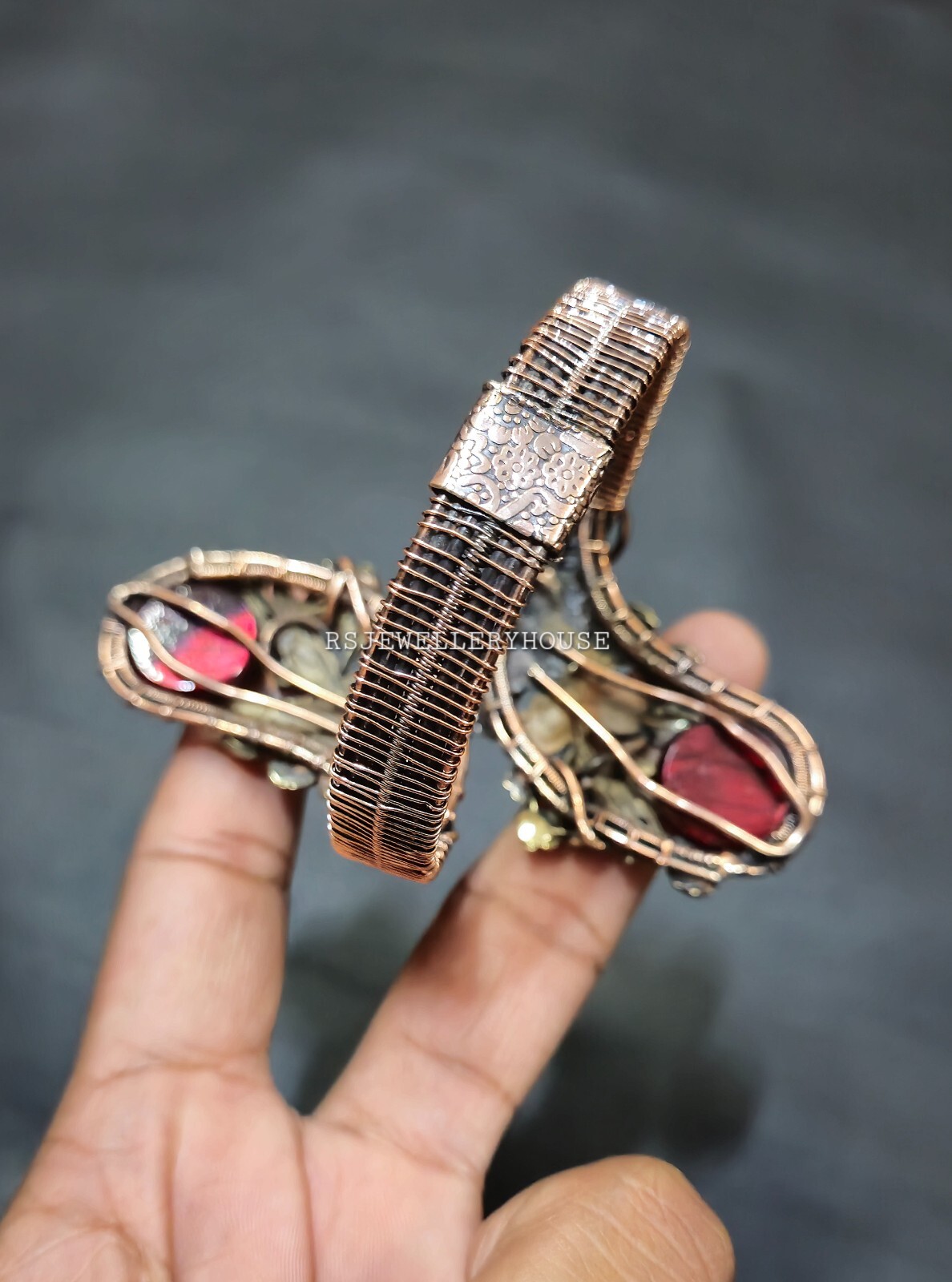 Beautiful Double red Labradorite Gemstone Bracelet Cuff Wire Wrapped Bangle Gift