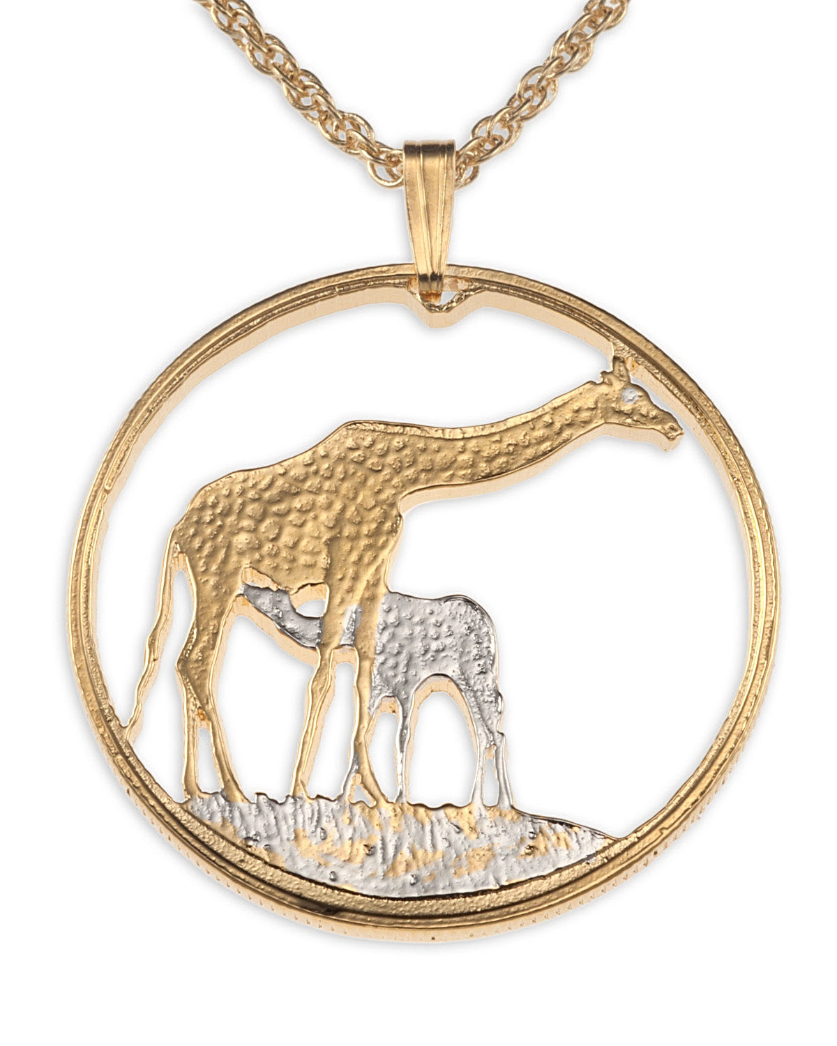 Giraffe Pendant and Necklace, Giraffe Coin Hand Cut, 1 1/4″ in Dia., ( #883 )