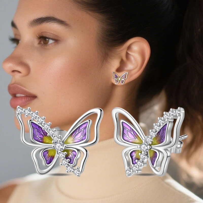 PANDACH 925 Sterling Silver Tiny Butterfly Studs with Pave Accent Women Earrings