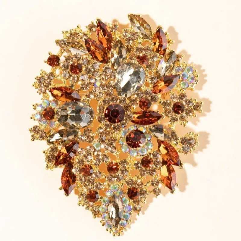 Gold Tone Unique Flower Drop Brooch Pin Pendant Topaz Rhinestone Crystal Jewelry