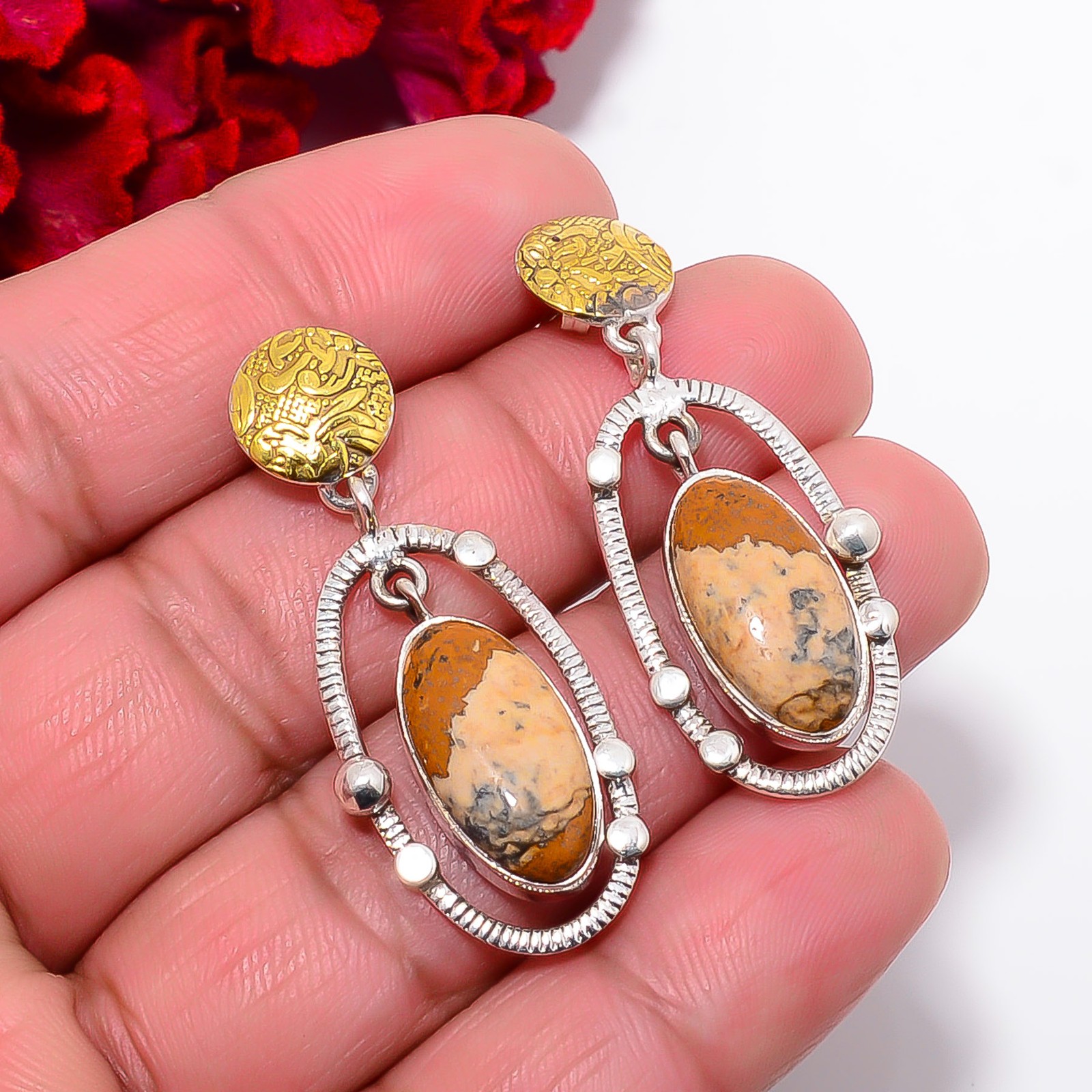 Picture Jasper – Oregon 925 Sterling Silver Two Tone Earring 1.68″ E103018