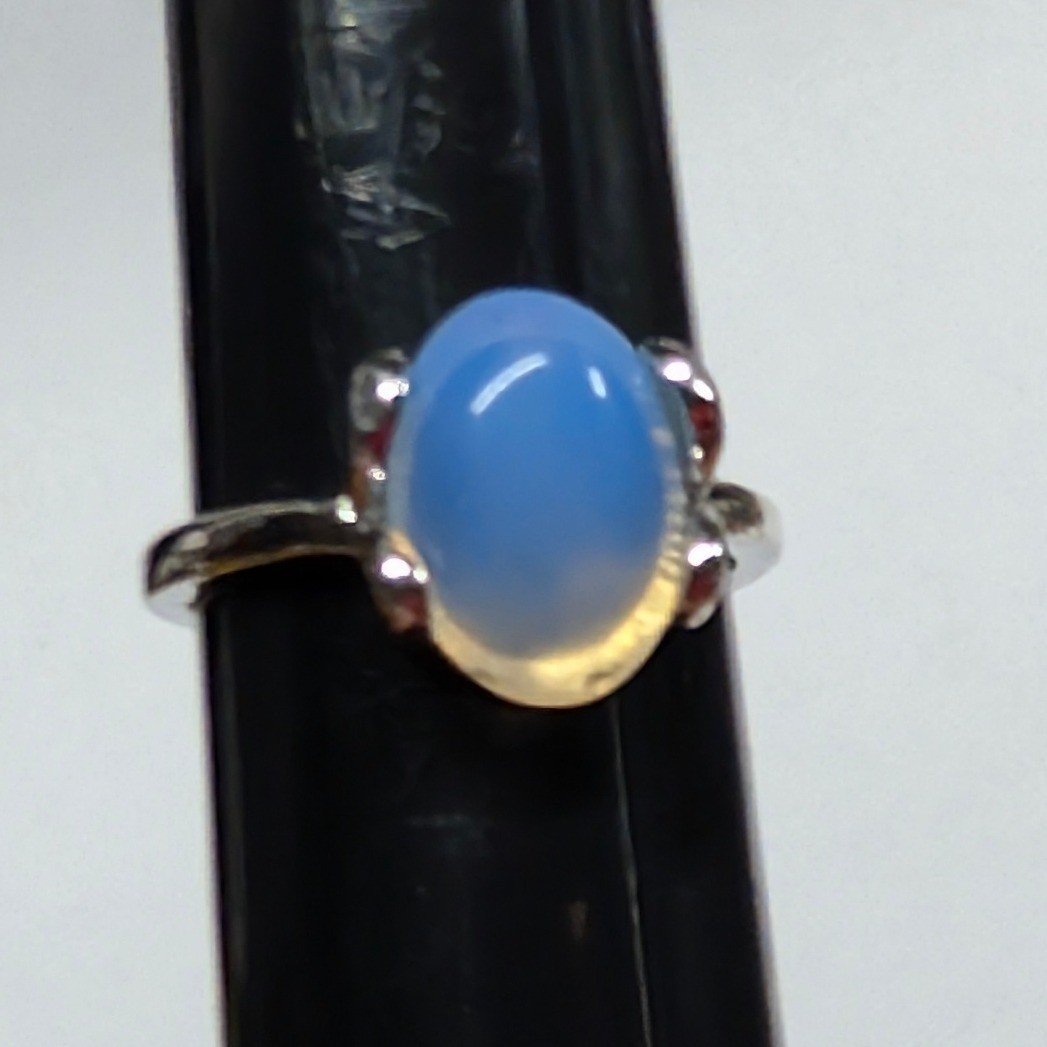New Opalite Oval Cabochon Big Ring Plus Size 10.5 Blue SilverTone Statement Boho