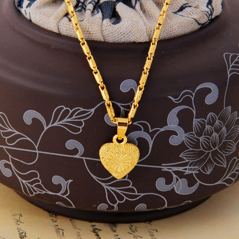 Women Girl Heart 22K 23K 24K THAI BAHT YELLOW GP GOLD NECKLACE Jewelry New