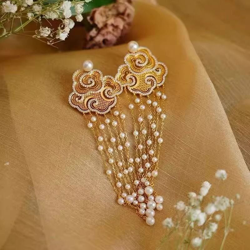 Cloud Pattern Pearl Tassel Earrings Vintage Chinese Style Hanfu Jewelry