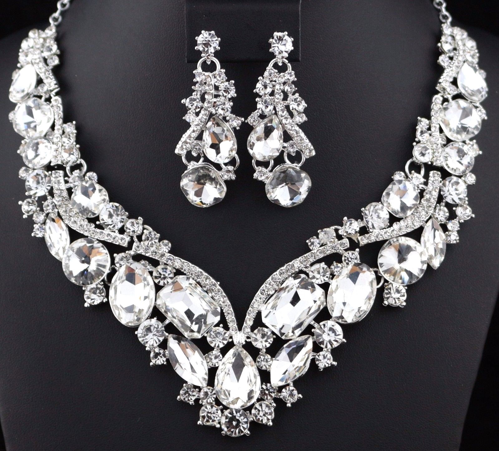 Elegant Clear Austrian Crystal Rhinestone Necklace Earrings Set Bridal Prom N35