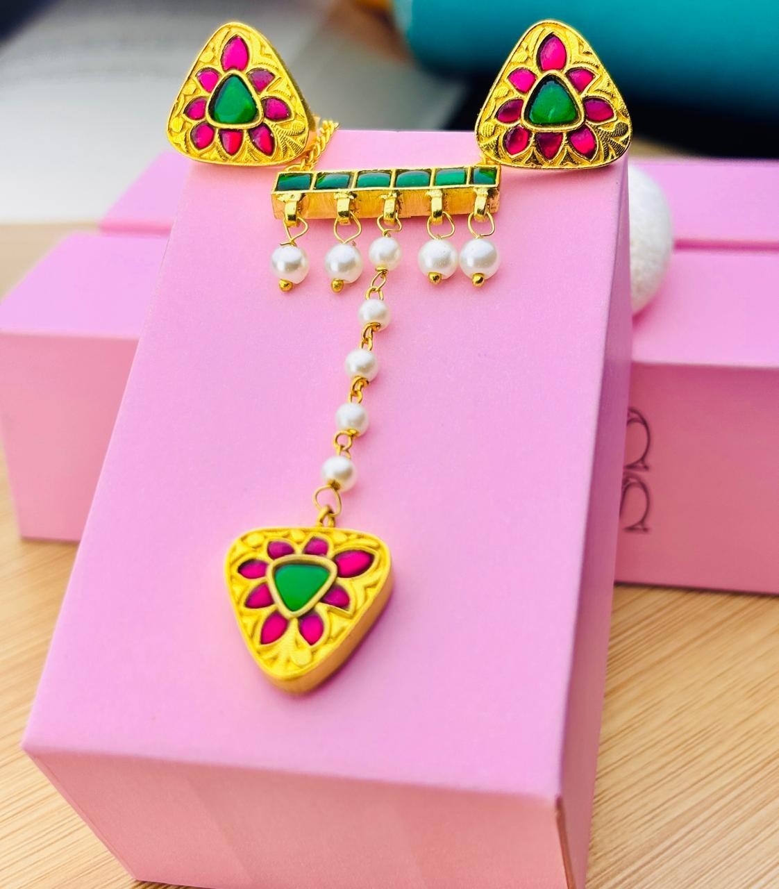 925 Silver Green Pink Triangle Pendant Set Gold Plated Pearl Gift For Women