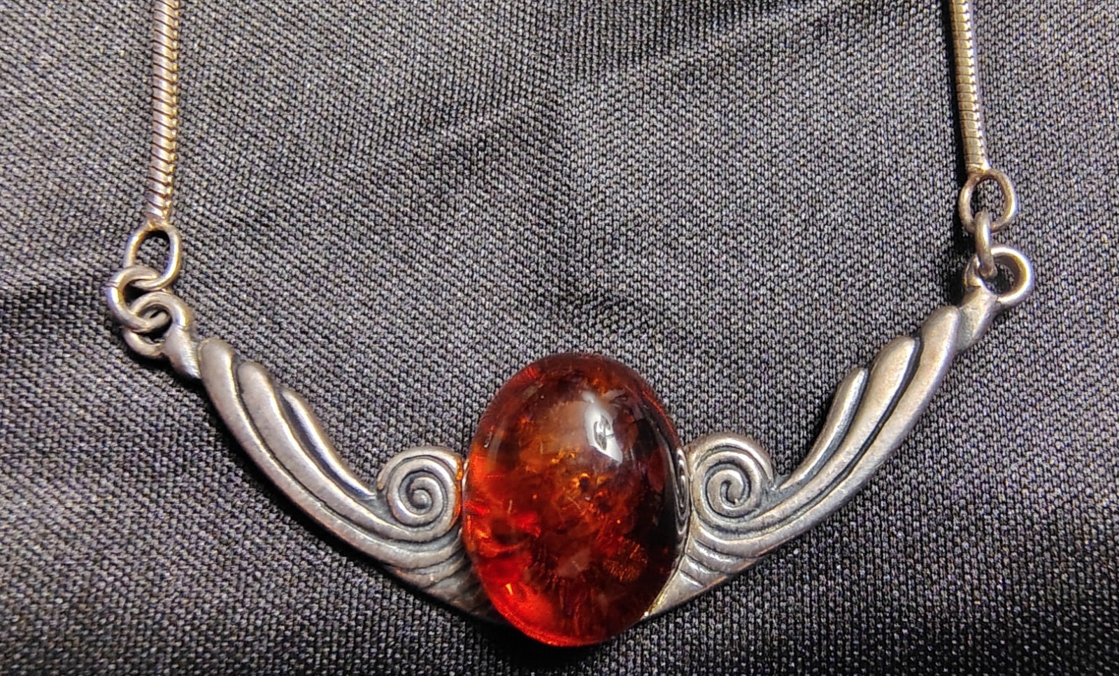 Baltic Amber Cognac Sterling Silver Necklace, Scroll 925 Setting, Mid-century