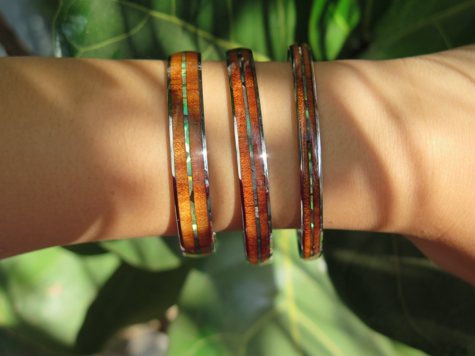 Hawaiian Jewelry Koa Wood & Abalone Shell Stainless Steel Bracelet Bangle #22579