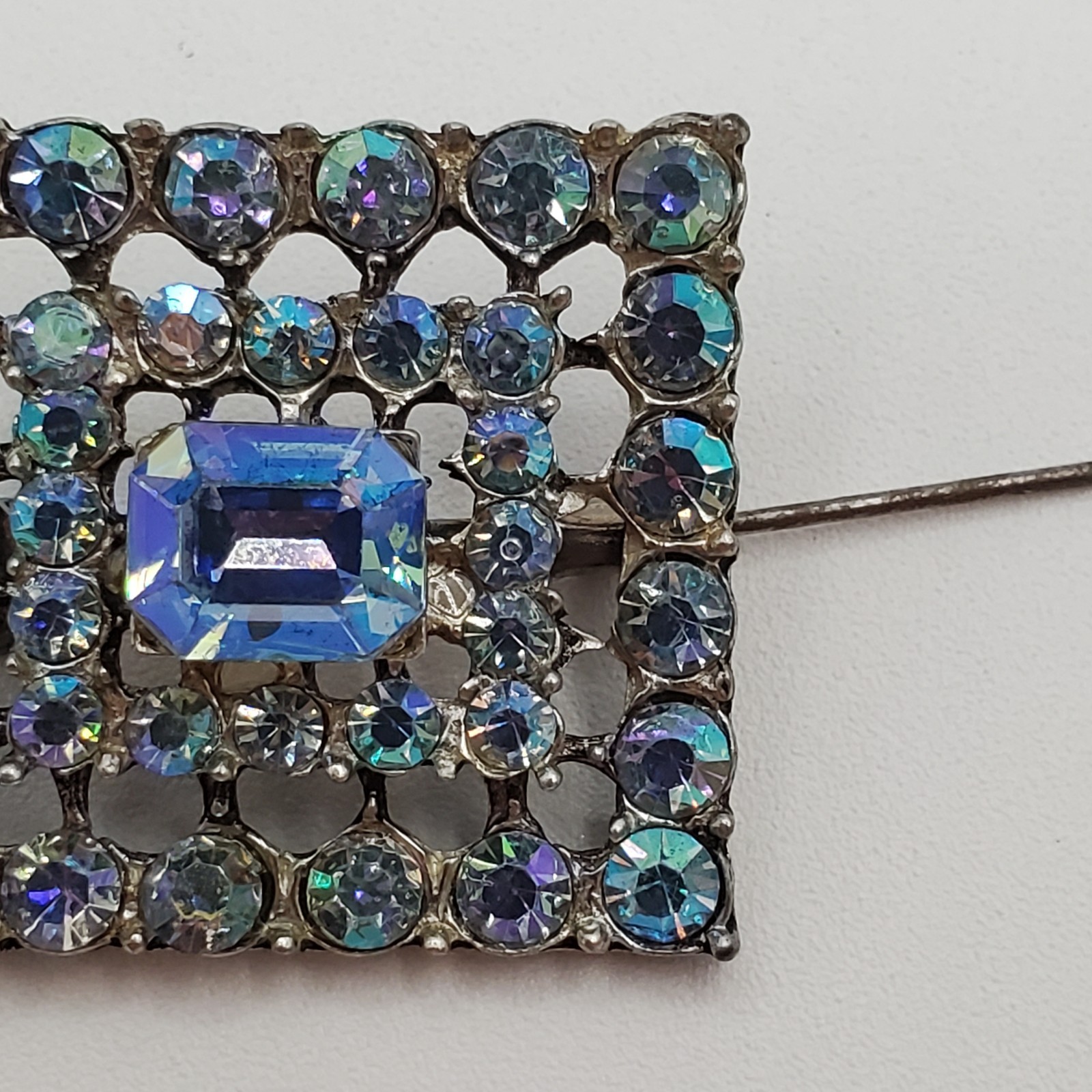 VTG Aurora Borealis Crystal Brooch 1in Square Silver Tone Blue Layered AB Pin