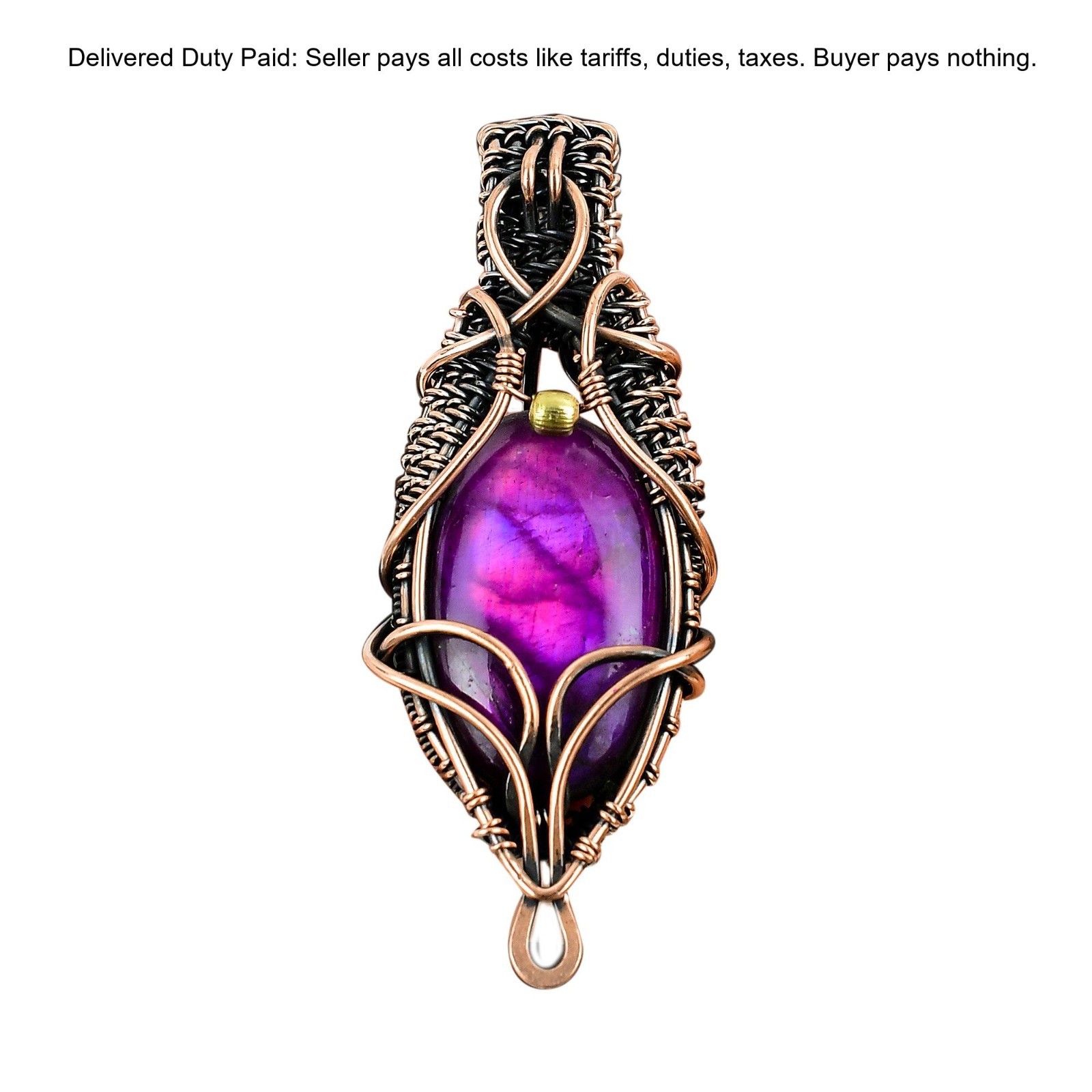 Copper Pink Fire Labradorite Gemstone Engagement Birthday Wire Wrapped Pendant