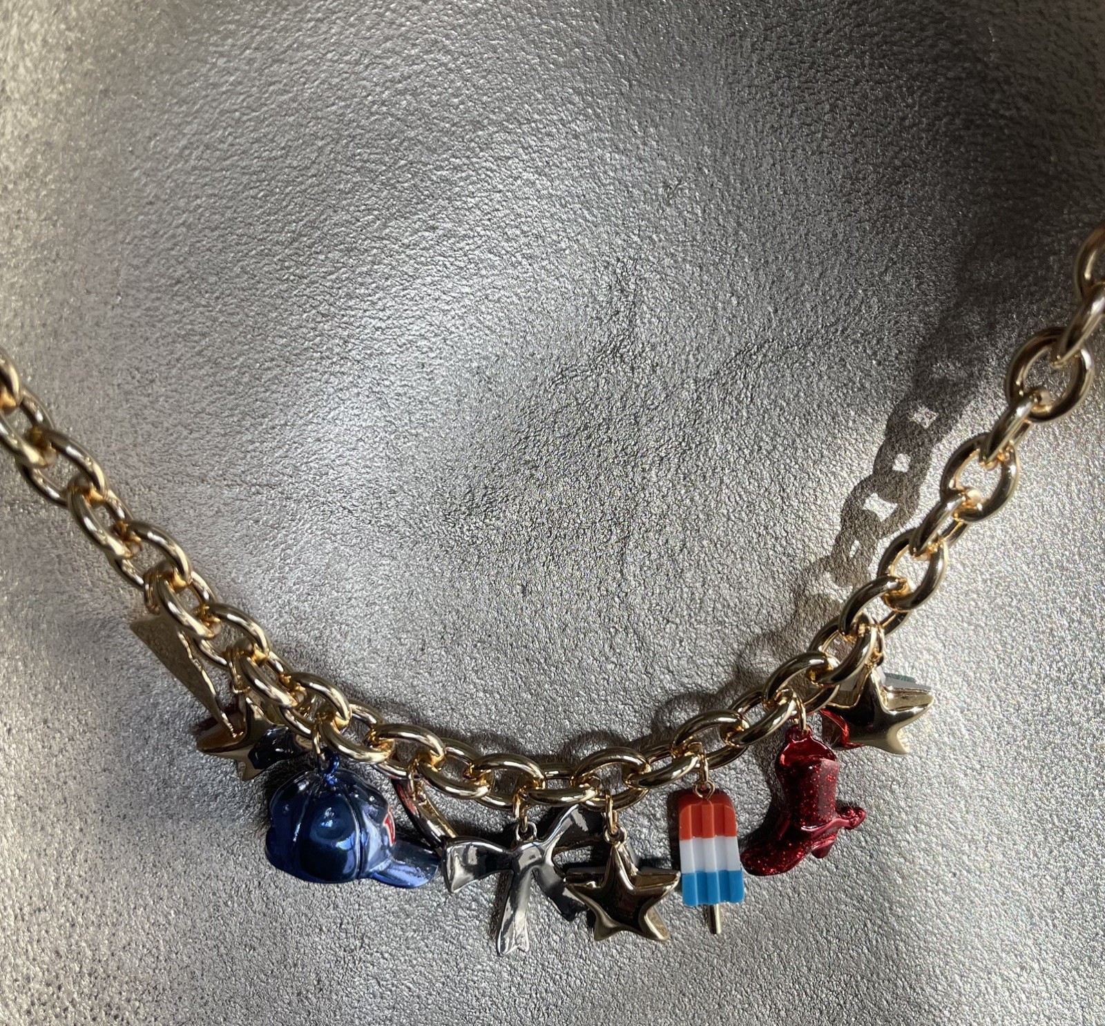 Betsey Johnson Americana USA Red White Blue Charm Shiny Gold Tone Necklace NWT