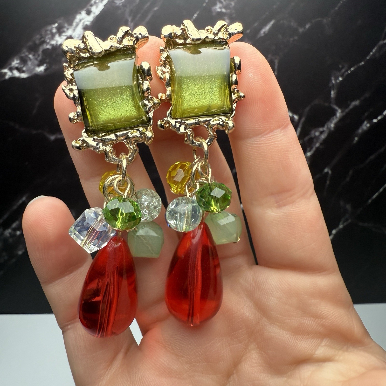 Beaded Dangle Drop Gold Tone Clip-on Earrings Red Green Blue Yellow Multi Color