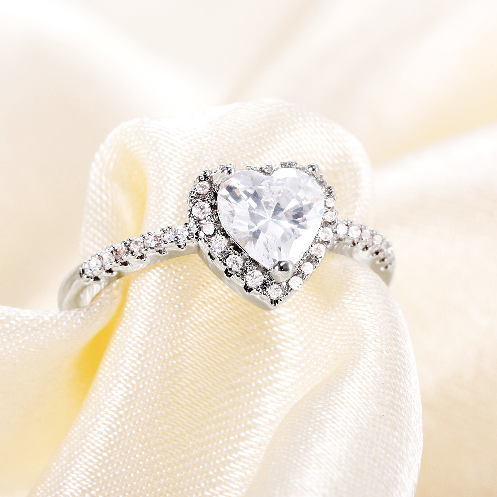 Women Stainless Steel Heart Cubic Zirconia CZ Solitaire Engagement Wedding Ring