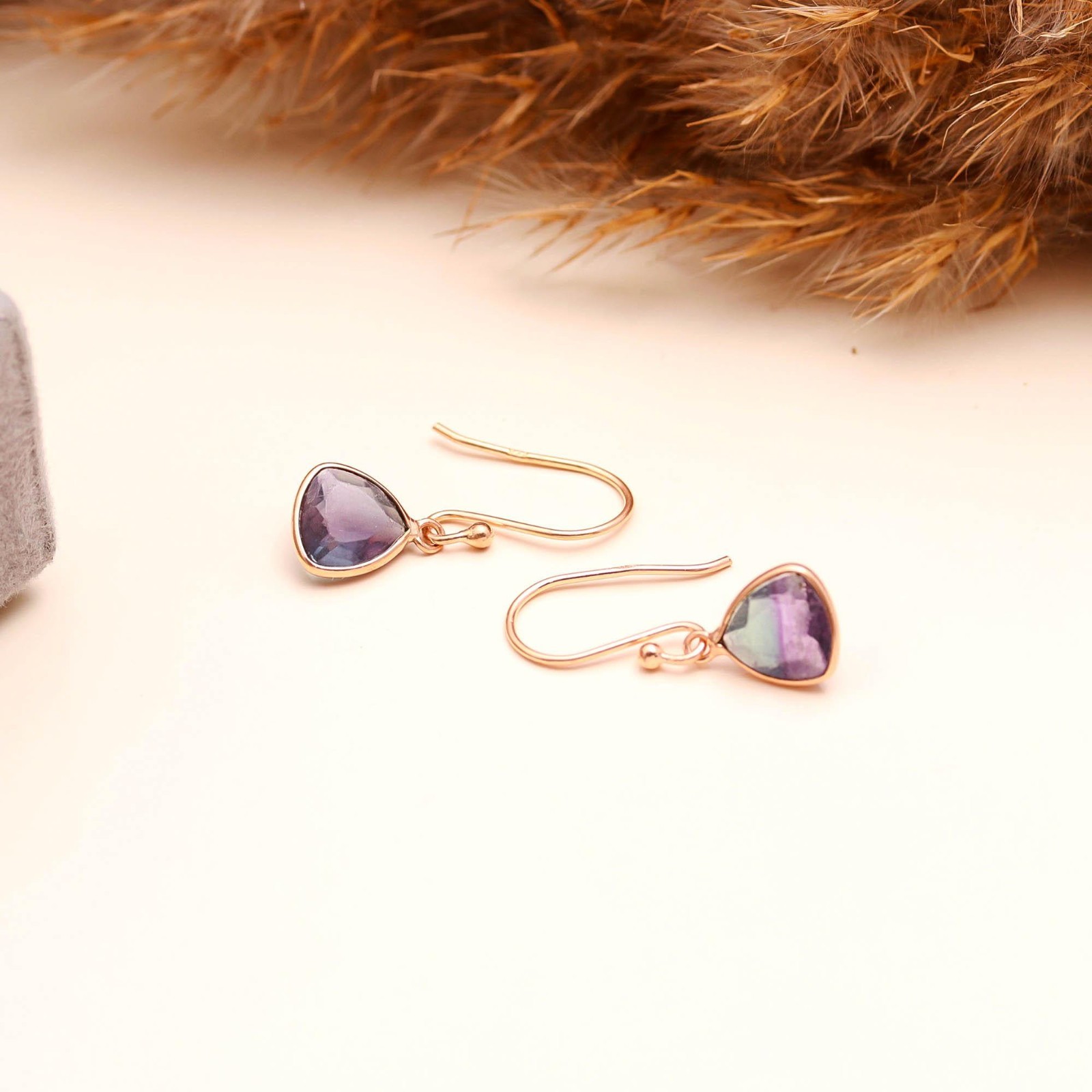 Natural Fluorite Trillion Dangle Earrings Rose Gold Plated Solid Silver Jewelry