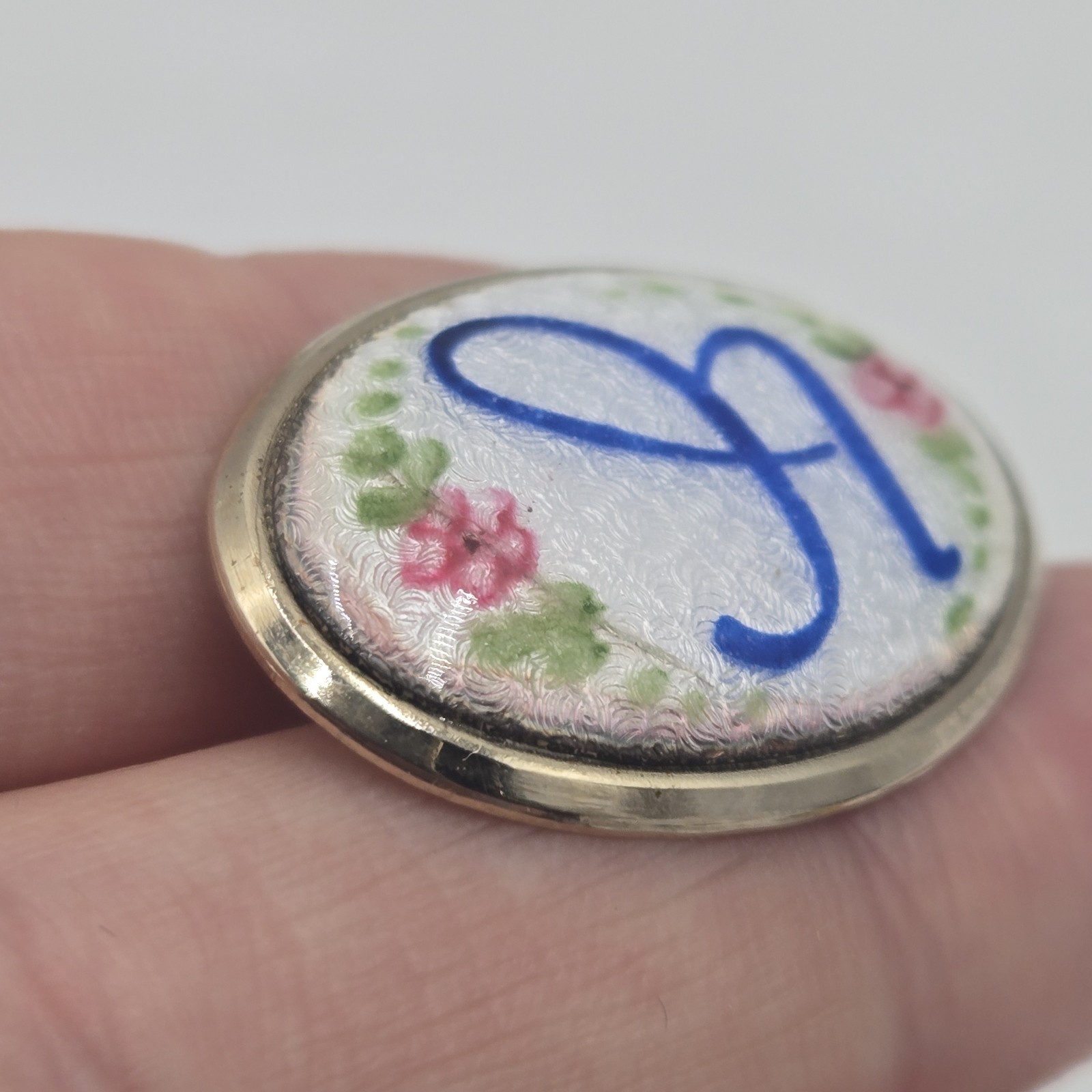 Vintage Guilloche Enamel Initial Blue A Pink Flowers Brooch Pin