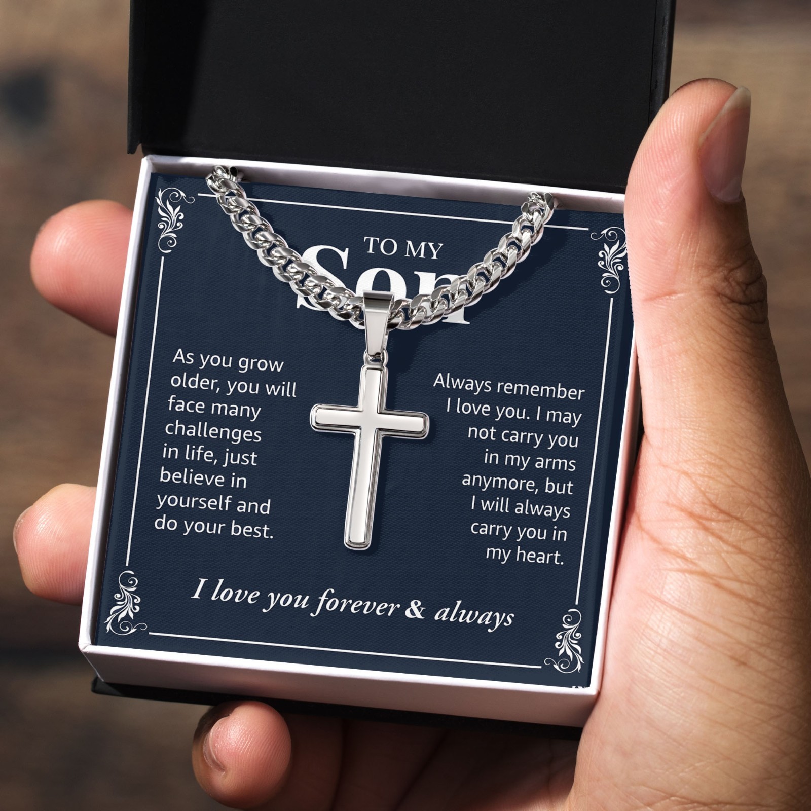 To My Son Cross Necklace Cuban Link Chain, Faith Jewelry Bday Baptism Religious