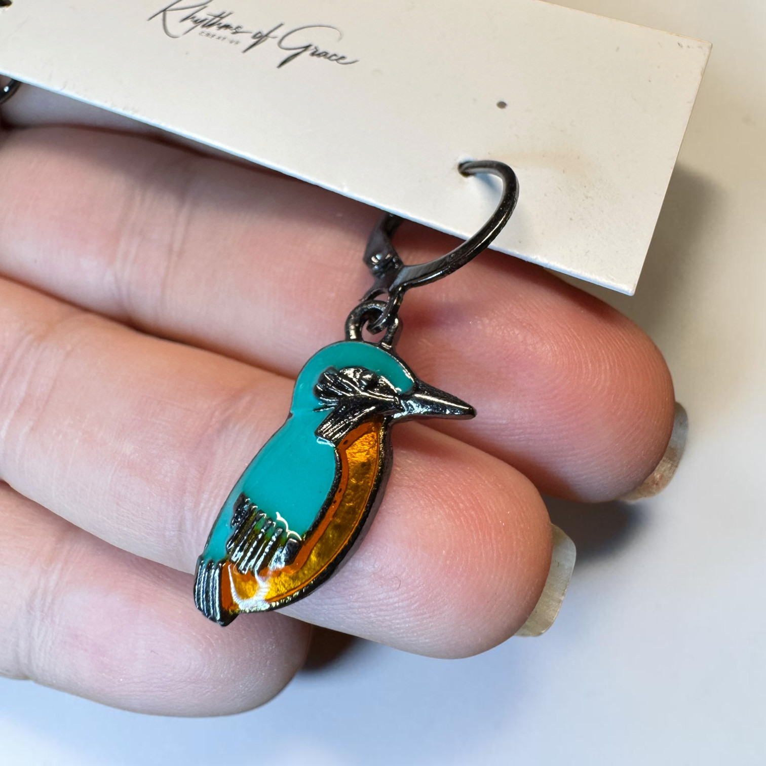 Kingfisher Bird Hoop Earrings Turquoise Enamel Silver Tone Cute Nature Wildlife