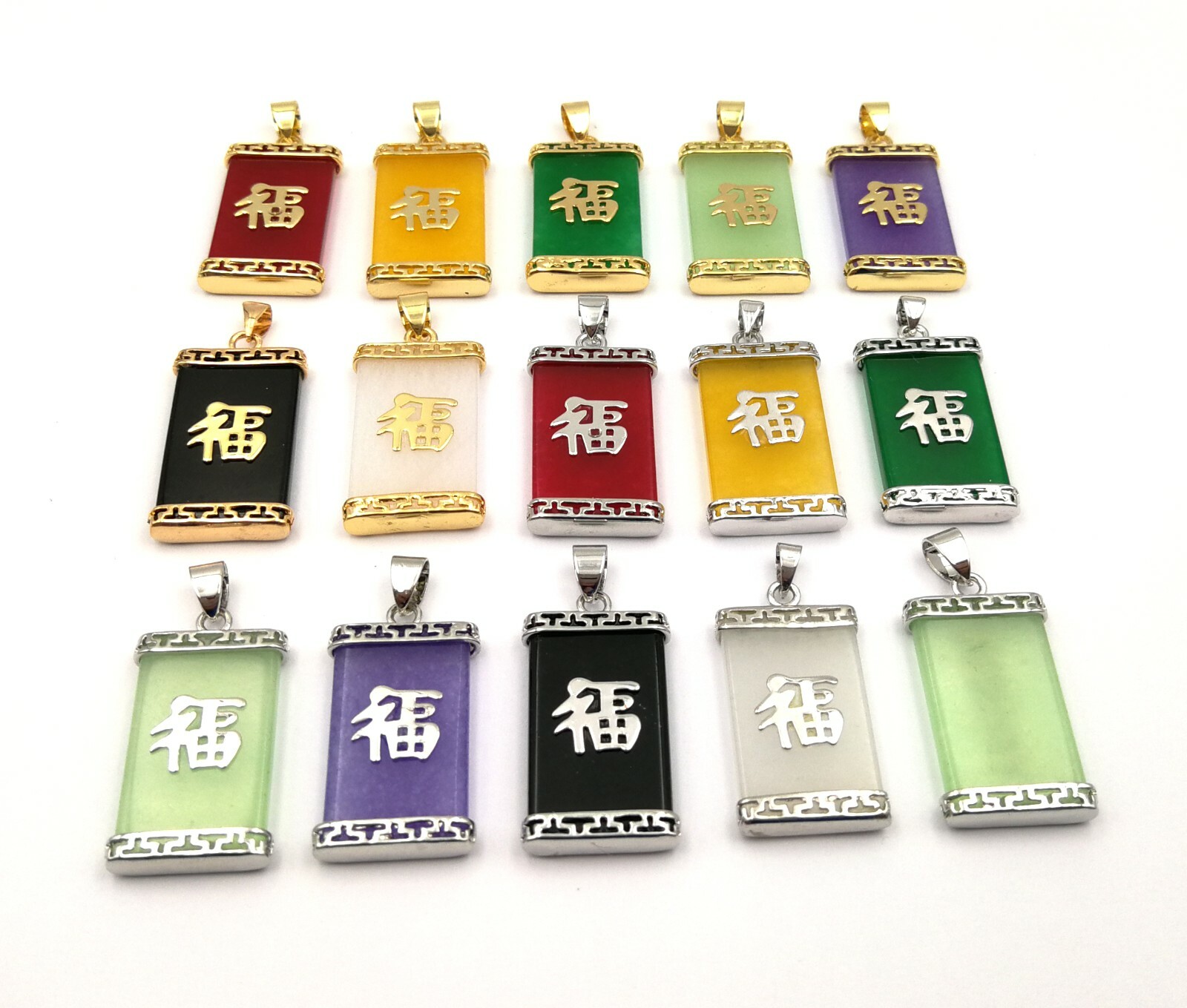 Green Multicolor Genuine Jade Blessing Fortune 18KGP Rectangle Pendant Necklace
