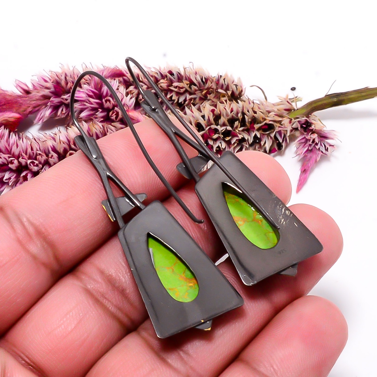 Copper Green Turquoise 925 Silver Black And Gold Rhodium Earring 2.15″ E10376
