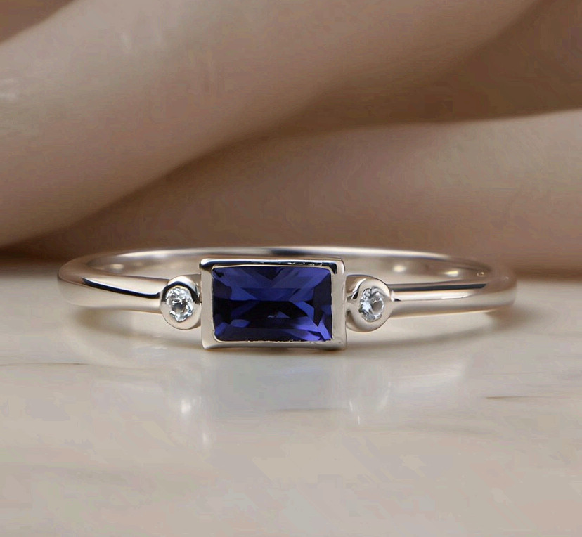 Silver Copper Minimalist Ring Blue Cubic Zirconia Baguette Band