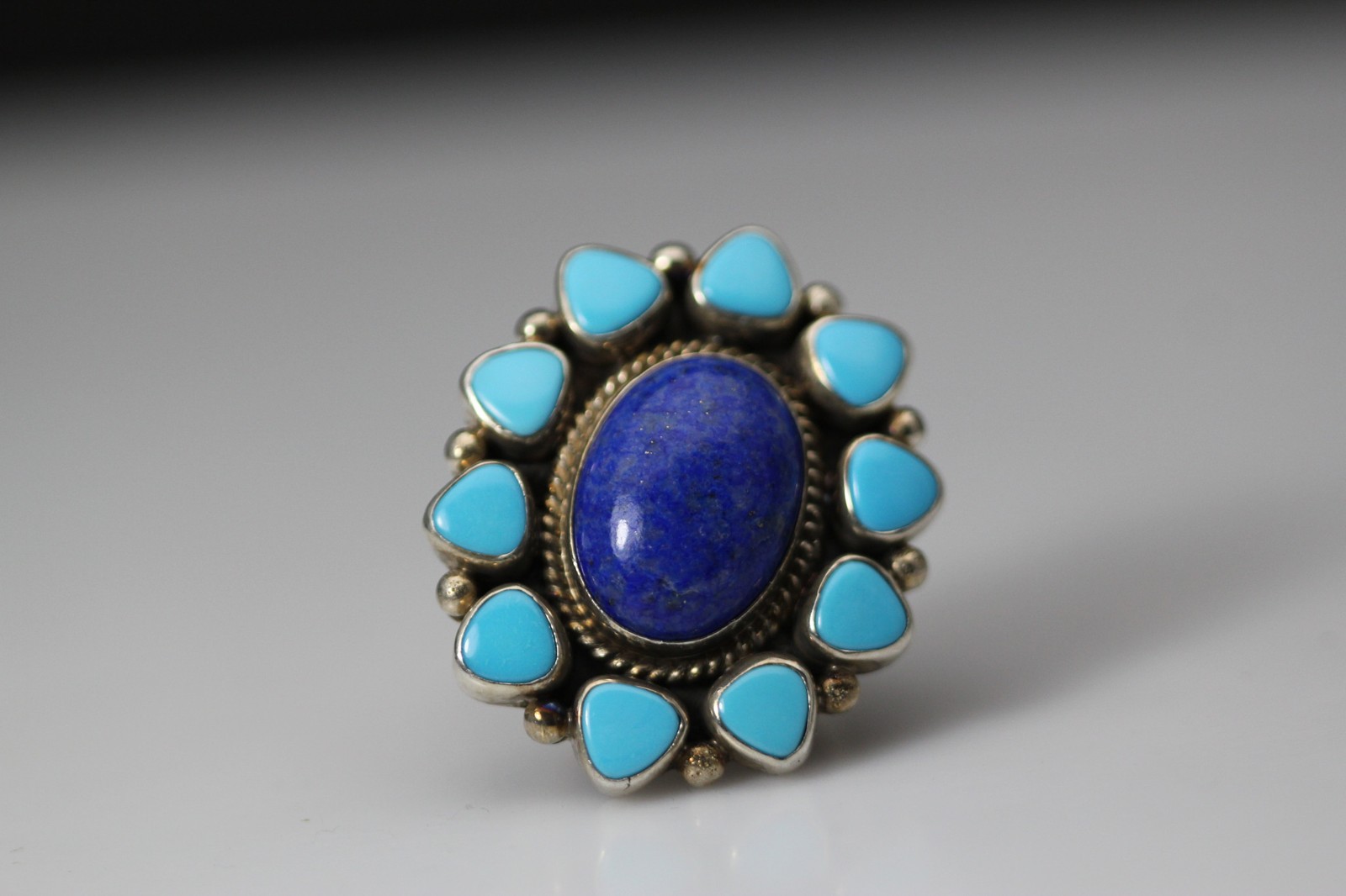 Sterling Oval Blue Lapis & Faux Turquoise Western Size 11 Ring 13.1g(RIN9663)