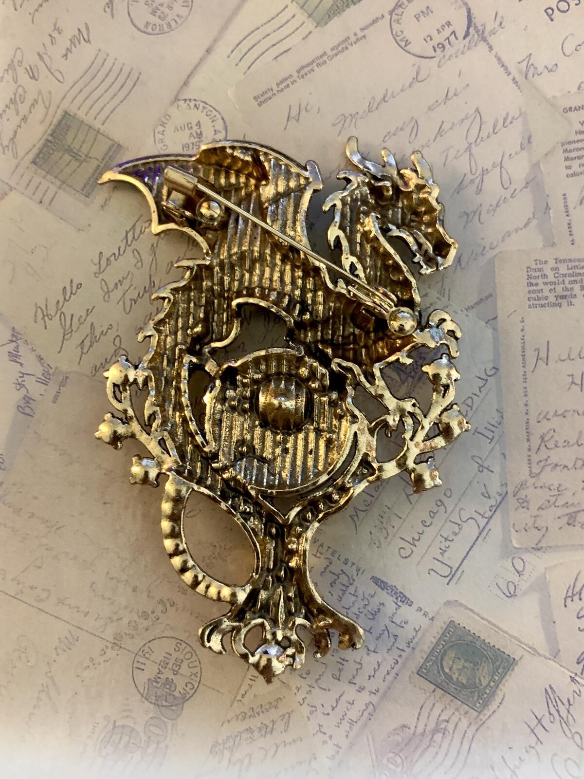 Ornate Fantasy Dragon Brooch With Crystal Orb Mythical Statement Pin