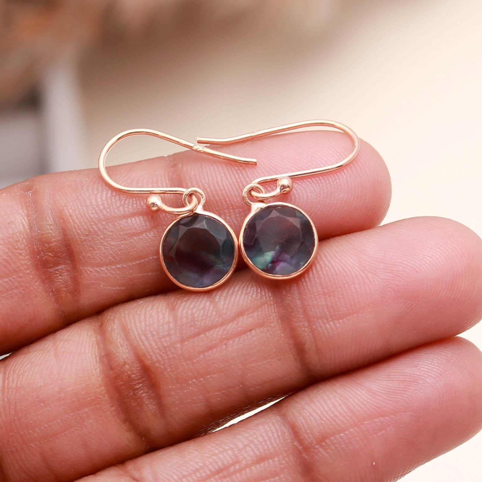 100%Natural Fluorite Round Dangle Earrings Rose Gold Plated Solid Silver Jewelry