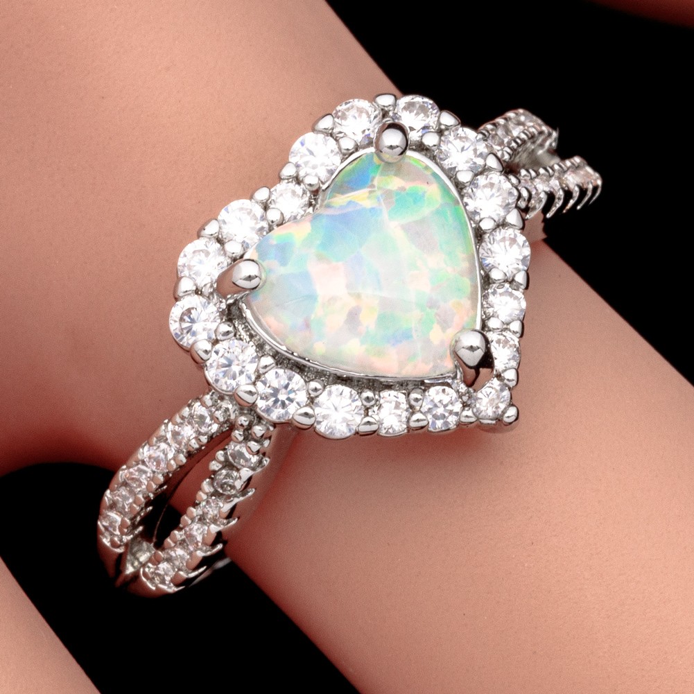 7×8 Heart White Fire Opal Silver Jewelry Women Engagement Ring Size 6 7 8 9