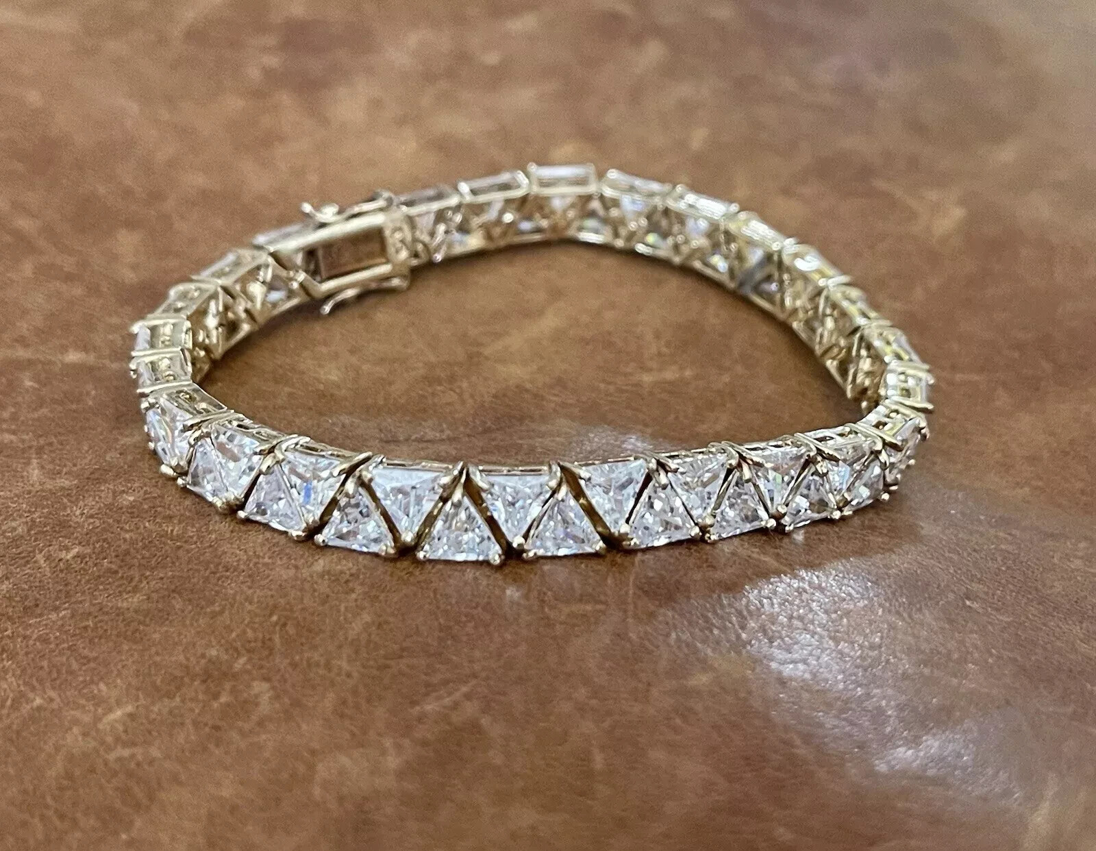 7.76 Ct Trillion Cut Simulated Diamond Tennis Bracelet 14K Yellow Gold Plated