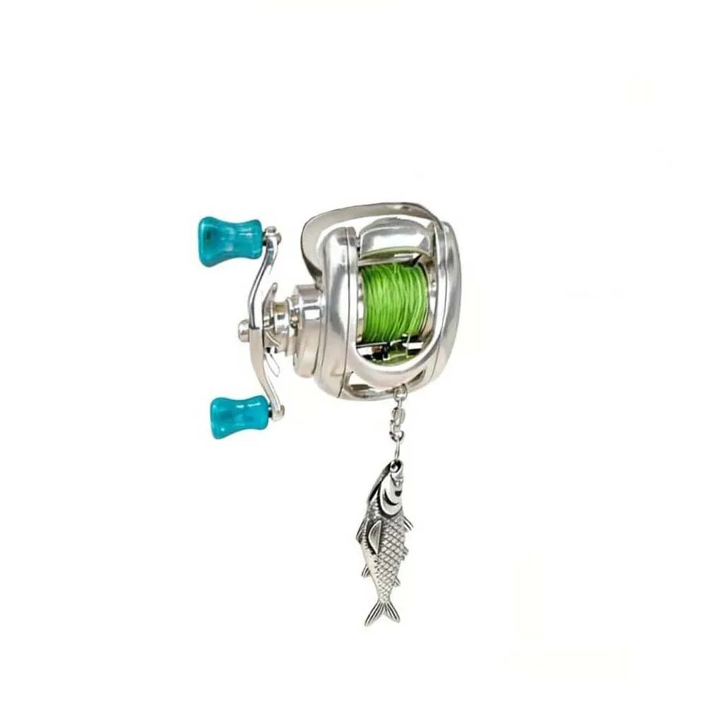 Silver Fishing Reel Necklace Mens Rotatable Detachable Pendant Unique Jewelry
