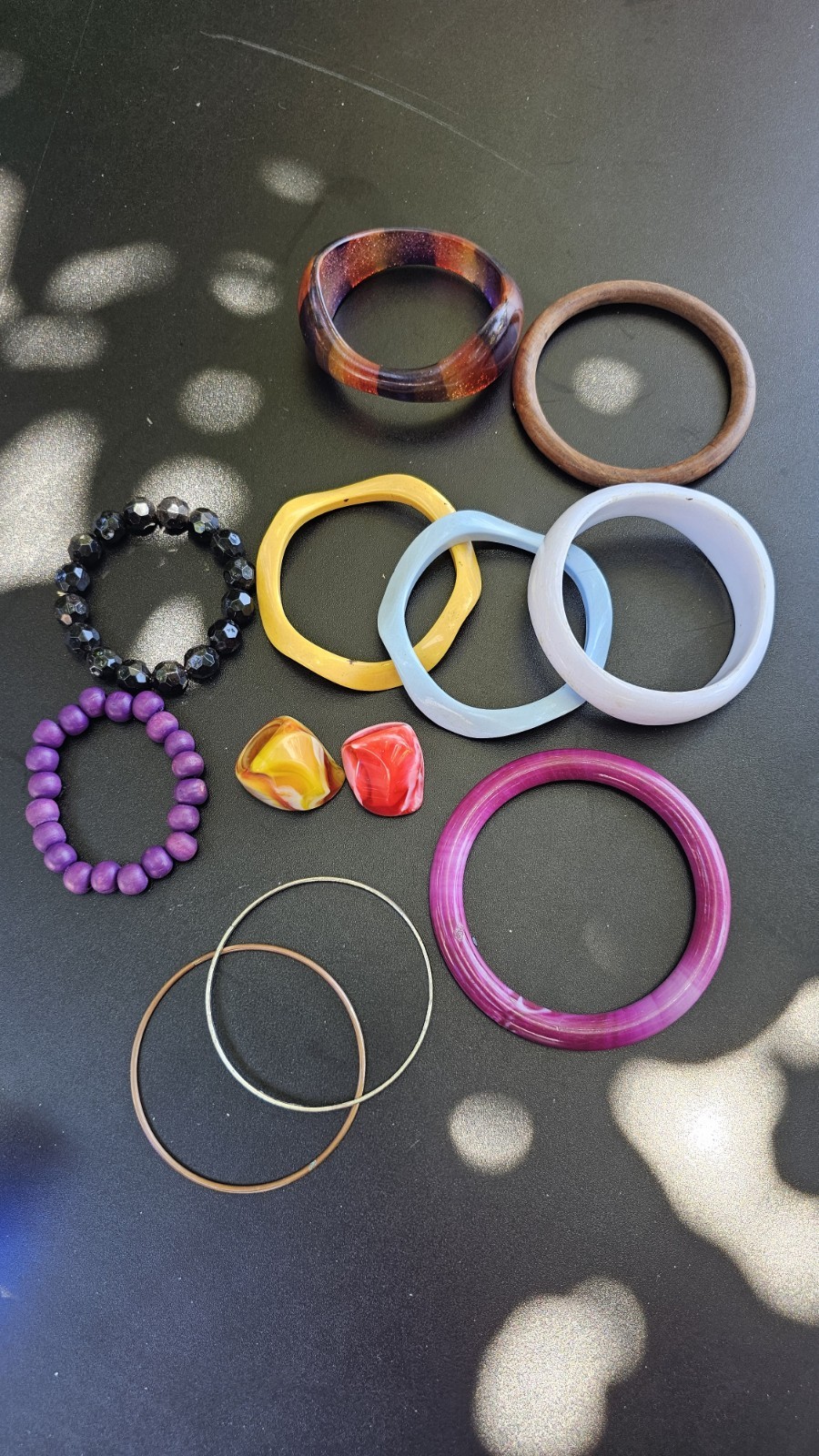 Vintage,Multicolor Plastic Bangle & Beaded Bracelet Lot, Round, No Clasp.