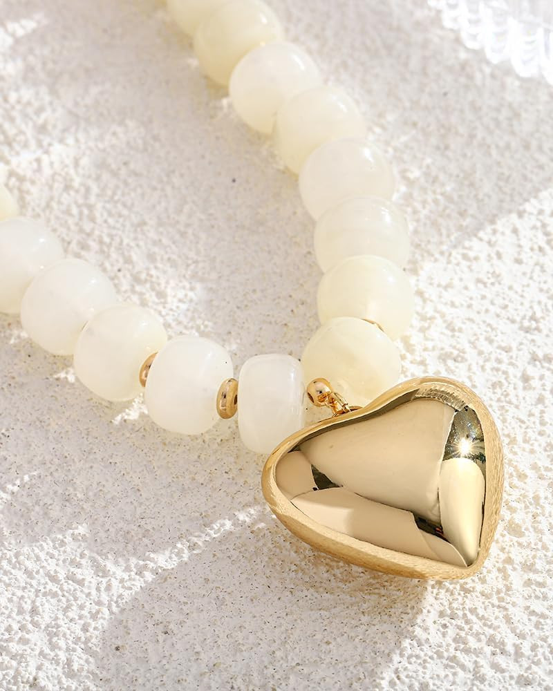 Puffy Gold Heart Necklaces for Women Chunky Beaded Necklace in Several Colorways