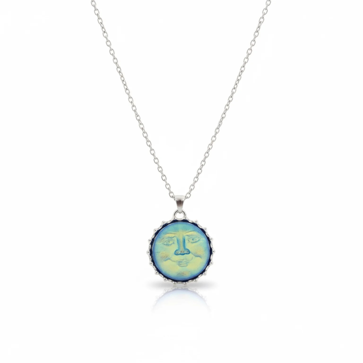 Iridescent Blue Moon Face Pendant Necklace