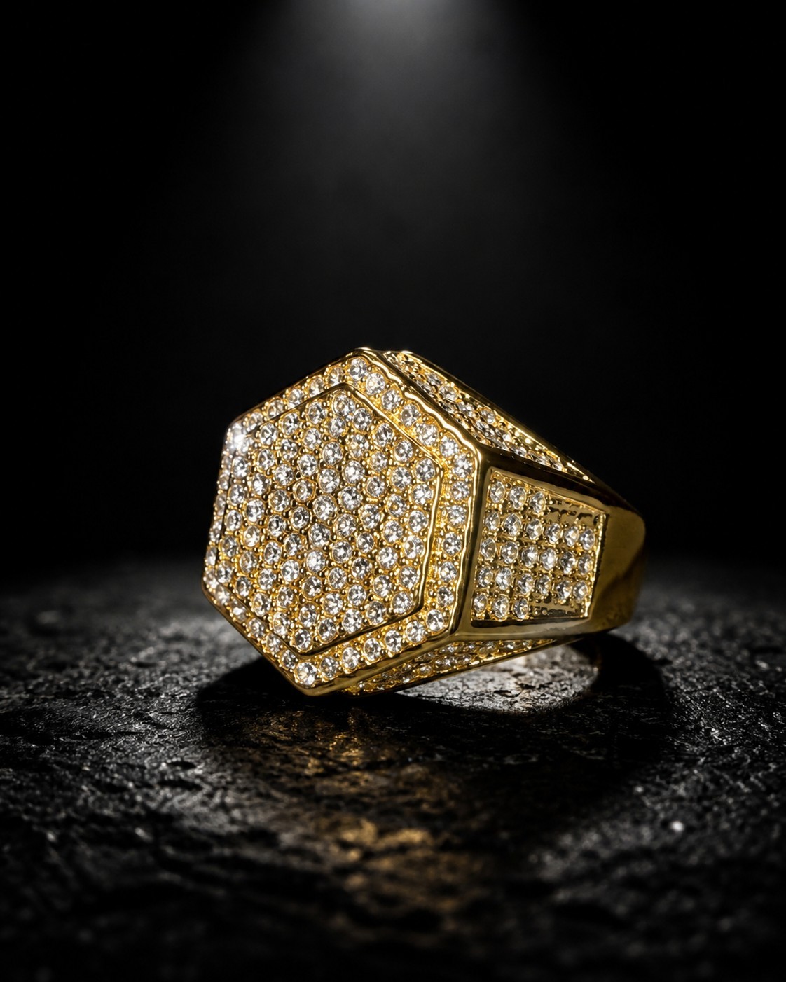 Gold Tone Hexagon CZ Ring Men’s Iced Out Hip Hop Pinky Fashion Jewelry SIZE 8