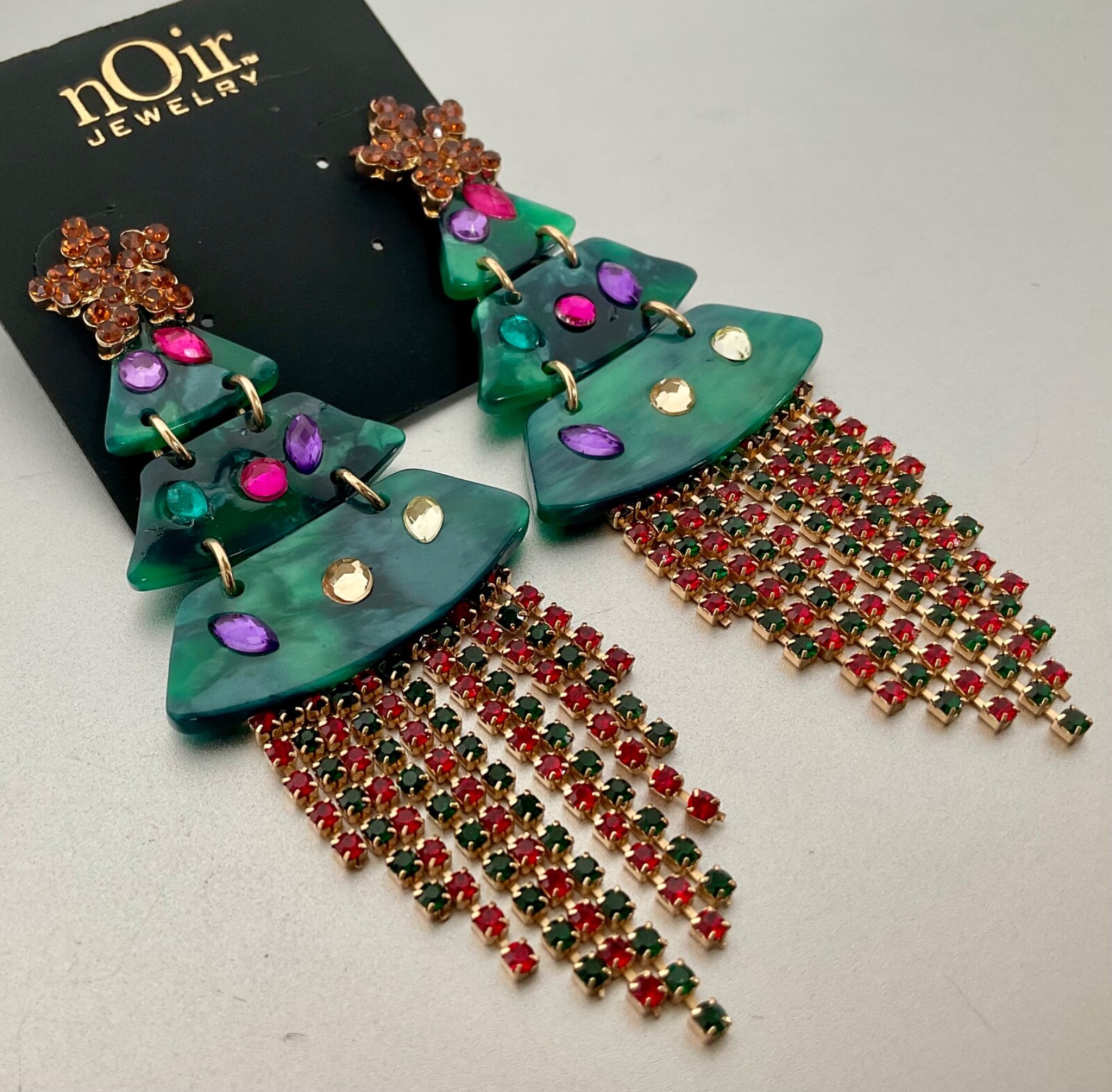 NOIR Funky Statement Christmas Tree Dangle Earrings Acrylic & Rhinestones