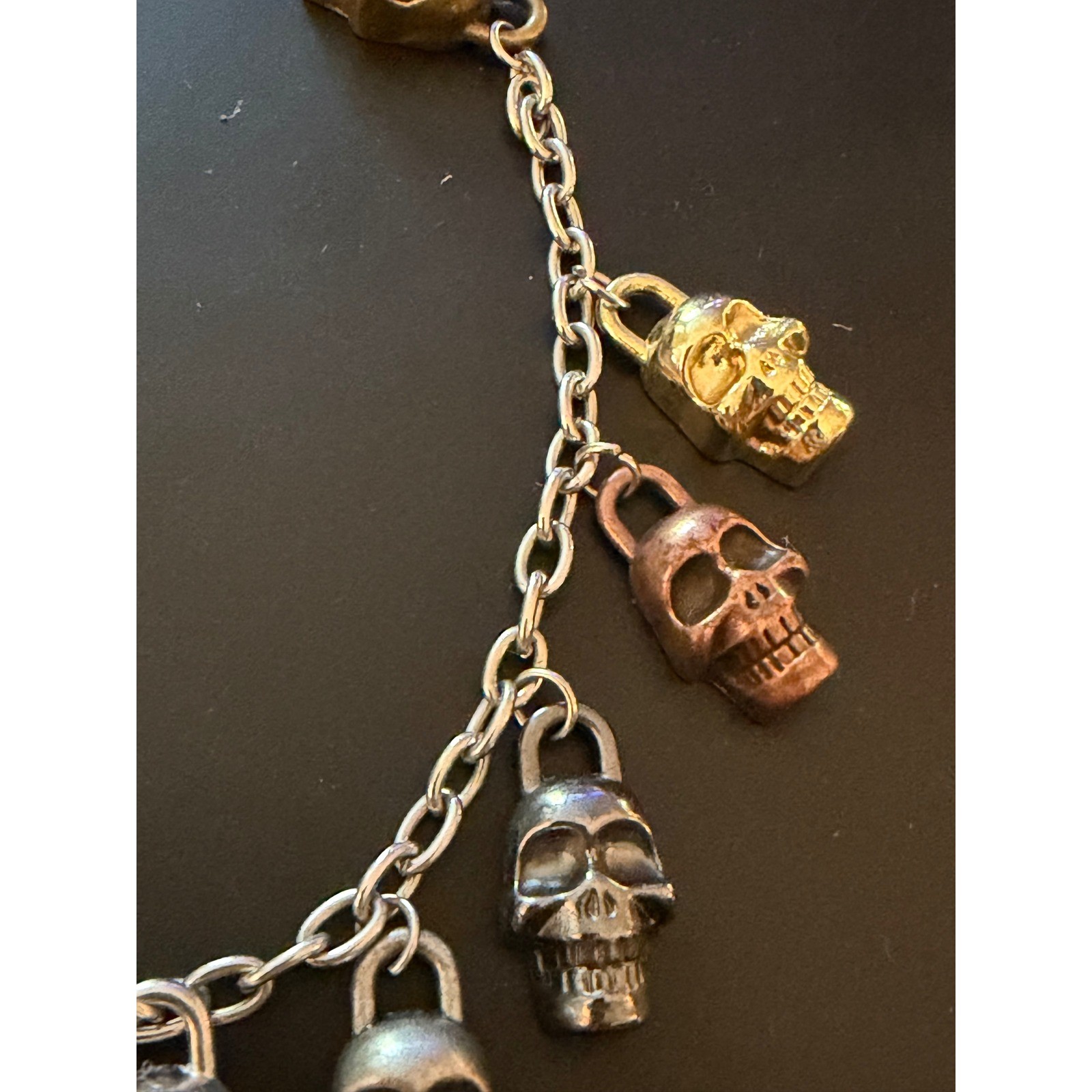 Mixed Metal Skull Padlock Charm Bracelet Silver Gold Copper Gothic Biker 8.5in