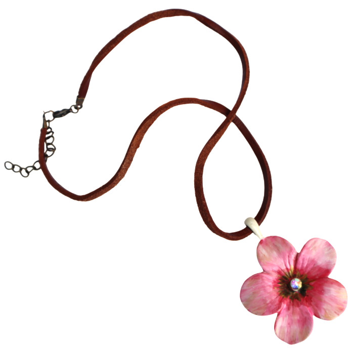 Handmade Large Flower Pendant Leather Necklace Painted Floral Bohemian Jewelry